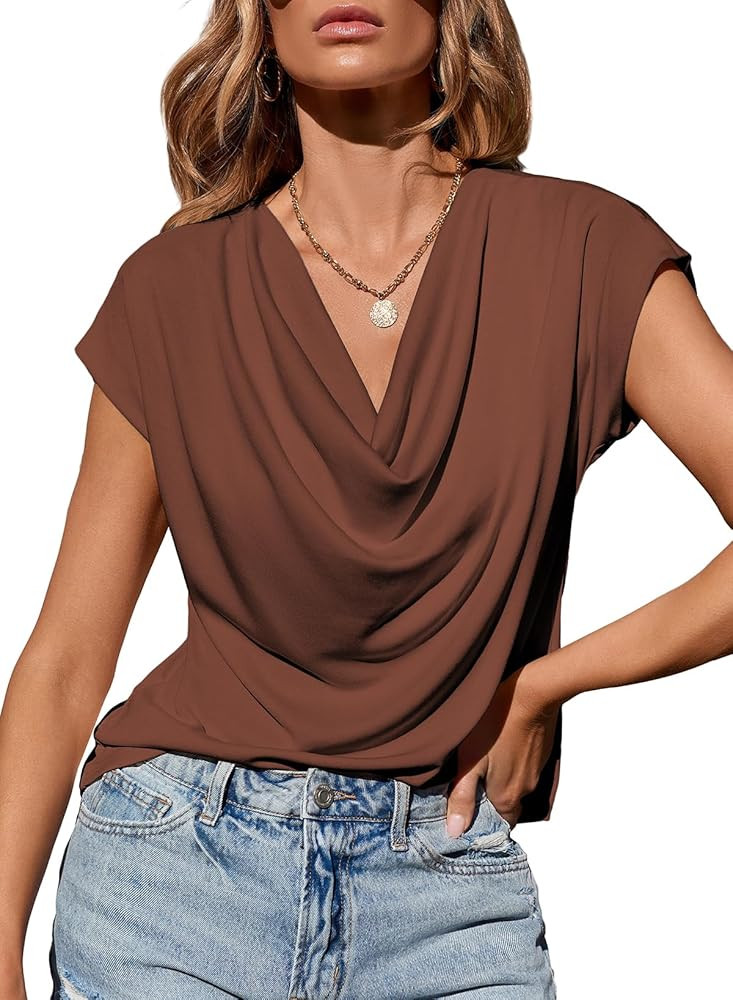 EVALESS Fashion 2026 Cowl Neck Tops for Women Dressy Casual Short Sleeve Shirts Summer Clothes Ou... | Amazon (US)