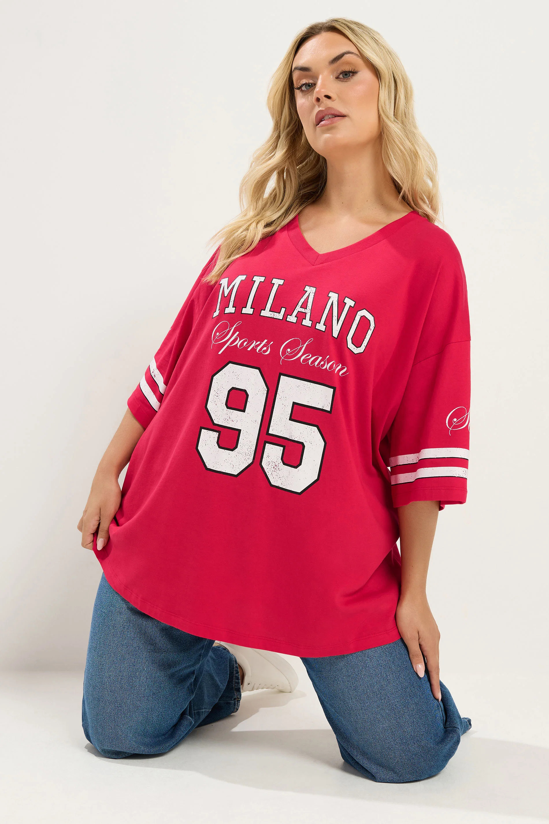 YOURS Plus Size Red 'Milano' Boxy Varsity T-Shirt | Yours Clothing UK
