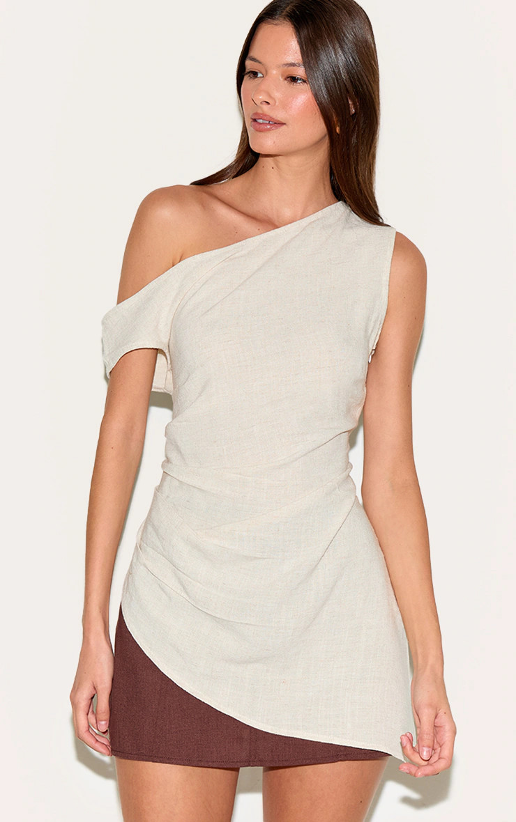 Taupe Linen Look One Shoulder Asymmetric Top | PrettyLittleThing UK