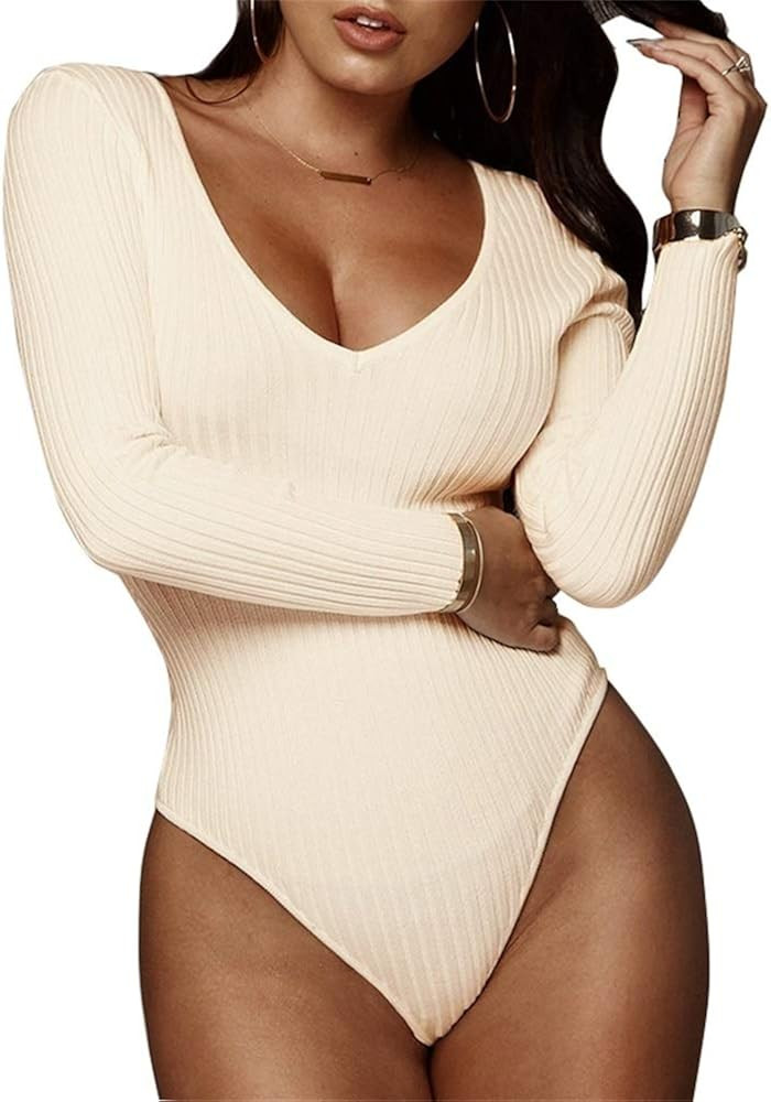 GEMBERA Women's Deep V Neck Long Sleeve Bodysuit Ribbed Knit Bodycon Basic Bodysuit Tops | Amazon (US)