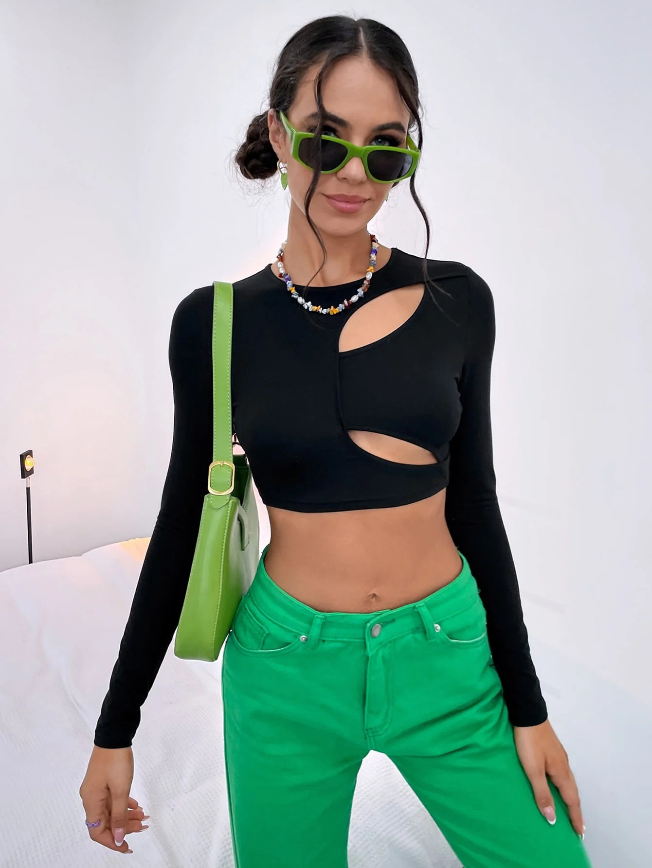 Black Cutout Solid Crop Top - Walmart.com | Walmart (US)