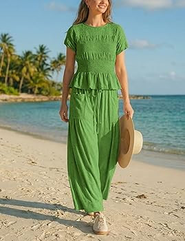 Antnation Womens 2 Piece Smocked Top Wide-Leg Pants Set High-Waisted Lounge Outfit with Pockets C... | Amazon (US)