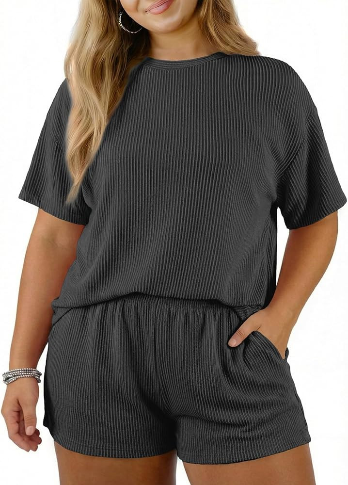 Eytino Plus Size Two Piece Sets for Women Short Sleeve Shirts High Waisted Shorts Pajamas Lounge ... | Amazon (US)