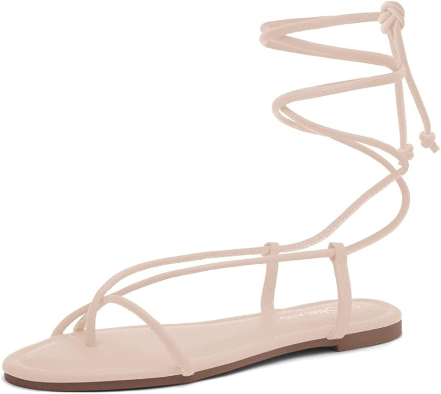Shoe Land SL-Auday Women's Lace Up Flat Sandals Open Toe Wrap Ankle Strap Shoes | Amazon (US)