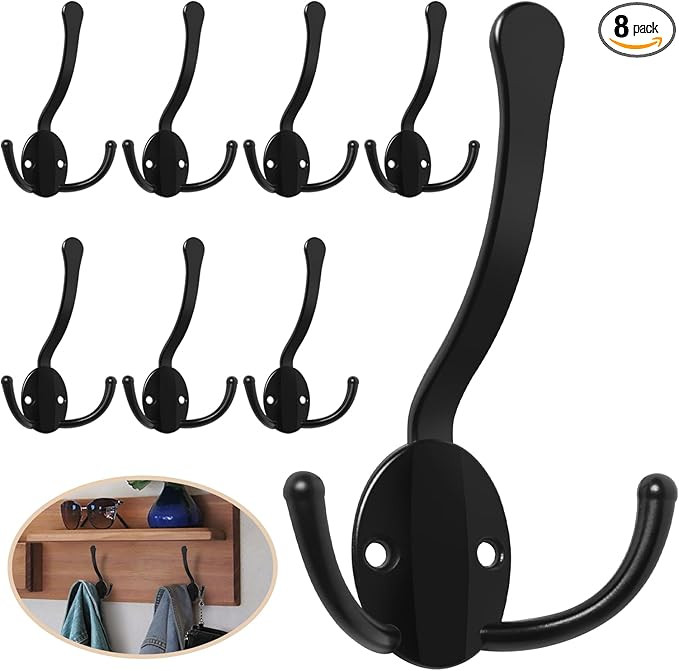 8 Pack Coat Hooks Heavy Duty, Metal Three Prongs Large Coat Hooks Wall Mounted with 16 Screws, No... | Amazon (US)