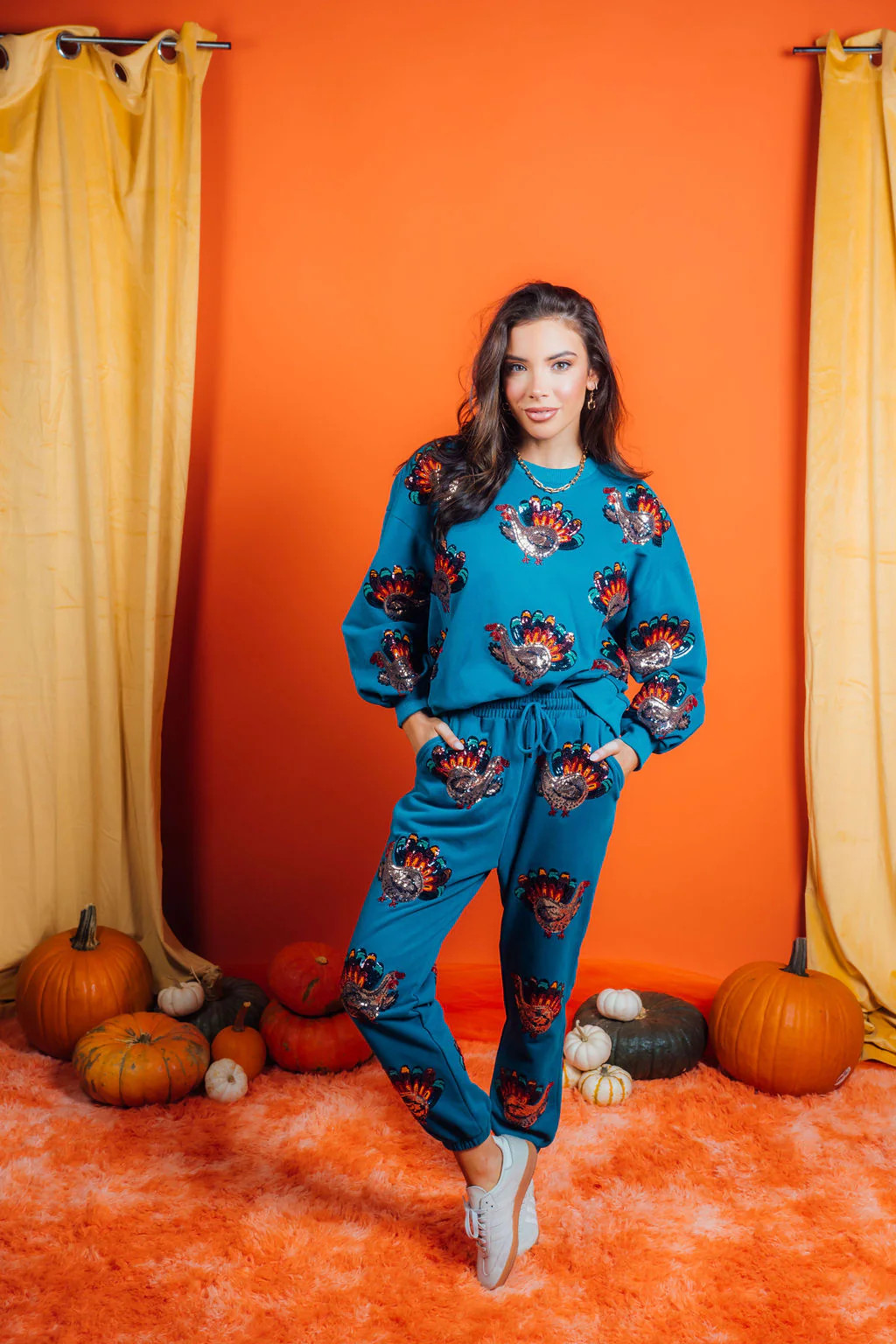 Dark Teal Beaded Turkeys All Over Joggers | Queen of Sparkles