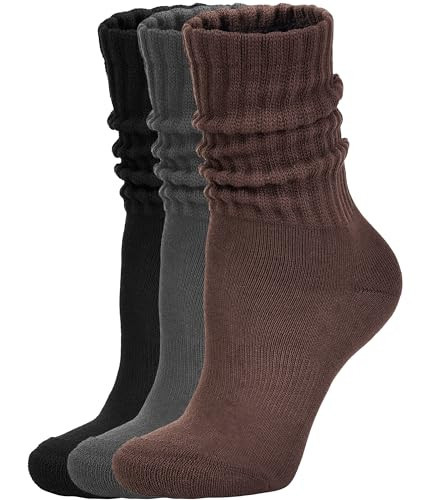 AugRing Women's Scrunch Crew Socks Retro 3-Pack Solid Cotton Boot Calf Chunky Ribbed Cozy Slouchy Socks Size 5-11 (US, Alpha, One Size, Regular, Black/Brown/Dark Grey) | Amazon (US)