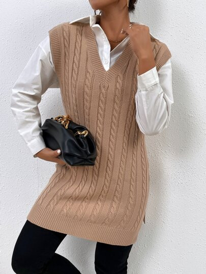Cable Knit Split Hem Sweater Vest | SHEIN