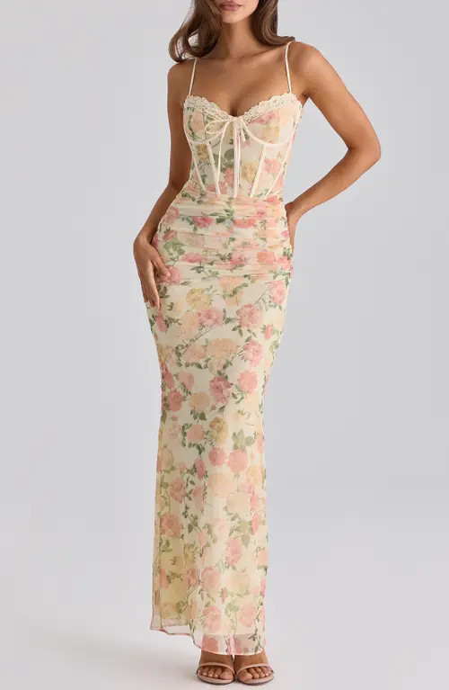 HOUSE OF CB Calista Floral Print Corset Sleeveless Gown in Peach Floral at Nordstrom, Size X-Large | Nordstrom
