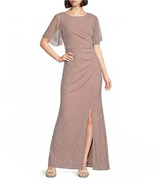 Alex Evenings Metallic Embellished Flutter Short Sleeve Boat Neck Ruched Waist Front Slit A-Line Gown - 8 | Dillard's