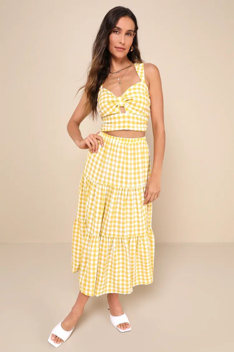 Completely Endearing Yellow Gingham Keyhole Cutout Crop Top | Lulus