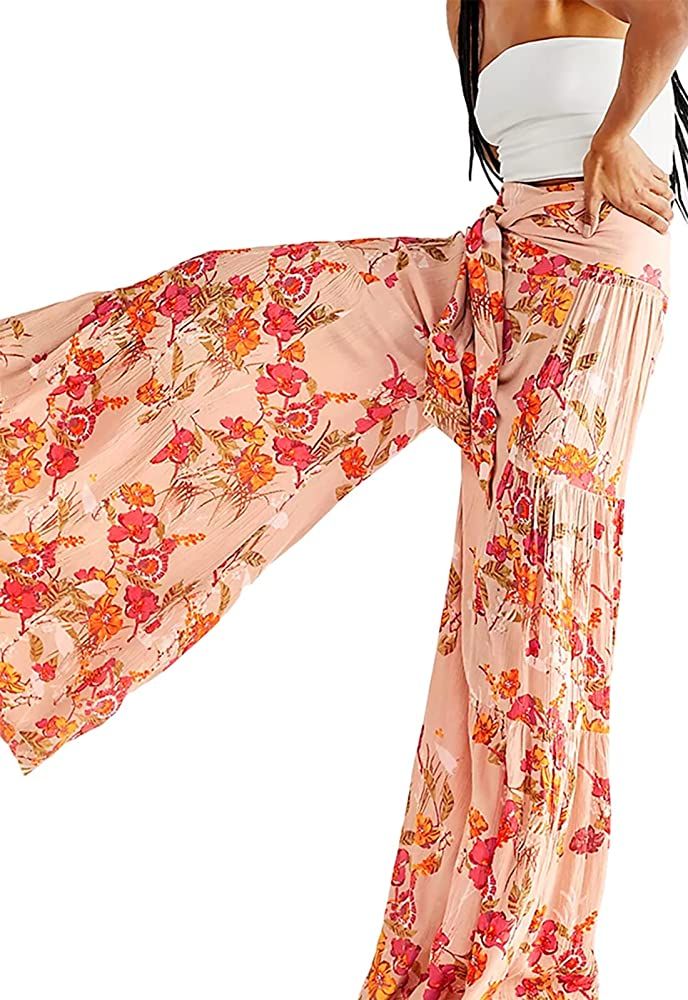 Timemory Womens Wide Leg Palazzo Pants Summer Loose Casual Beach Boho Floral Printed Bohemian Belted | Amazon (US)