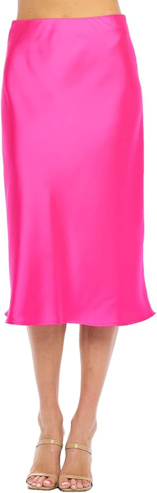 Women Solid High Waist Silky Casual Elastic Satin Midi Skirt - Made in USA | Amazon (US)