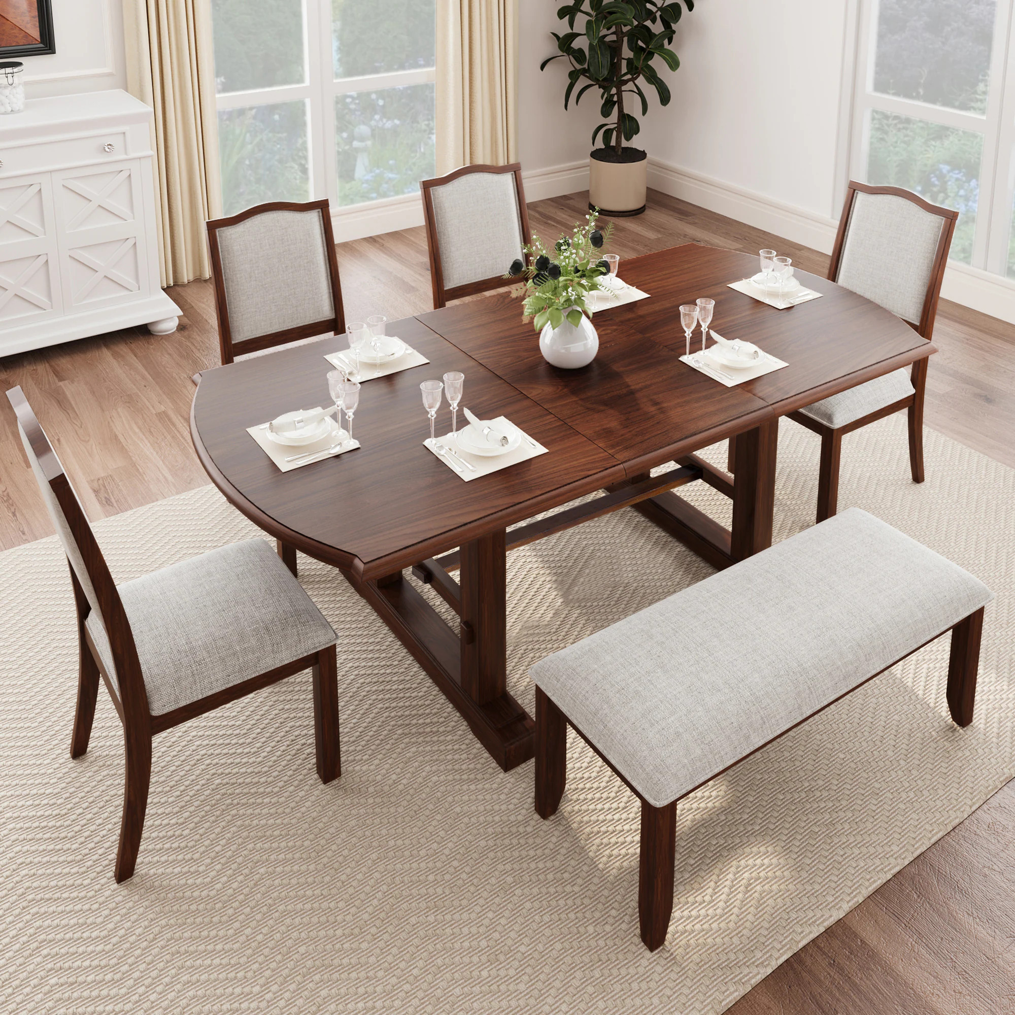 GDFStudio 6-Piece Dining Table Set 60inch to 78inch Extendable Wood Dining Table with Removable Leaf Kitchen Table Set with 4 Upholstered Side Chair | Lowe's