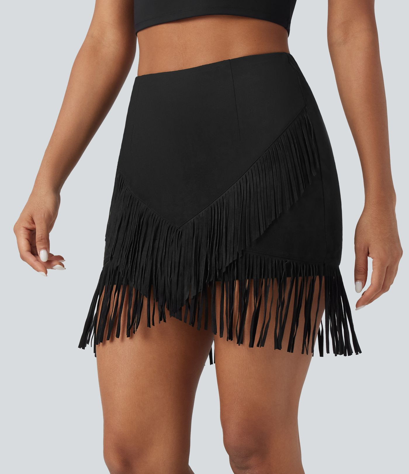 Women’s High Waisted 2-in-1 Fringe Hem Bodycon Mini Suede Casual Skirt - Halara | HALARA