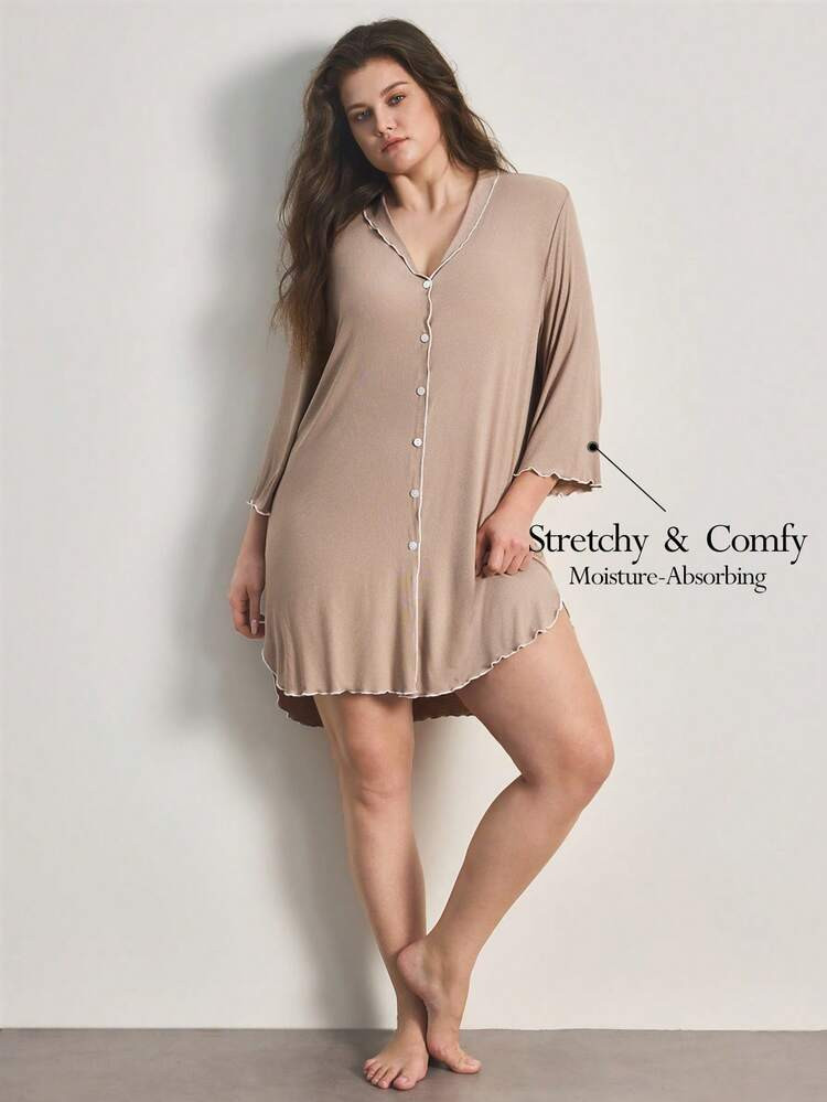 Ocili Plus Size Ribbed Comfortable Ruffle Collar Shell Button Nightgown | SHEIN