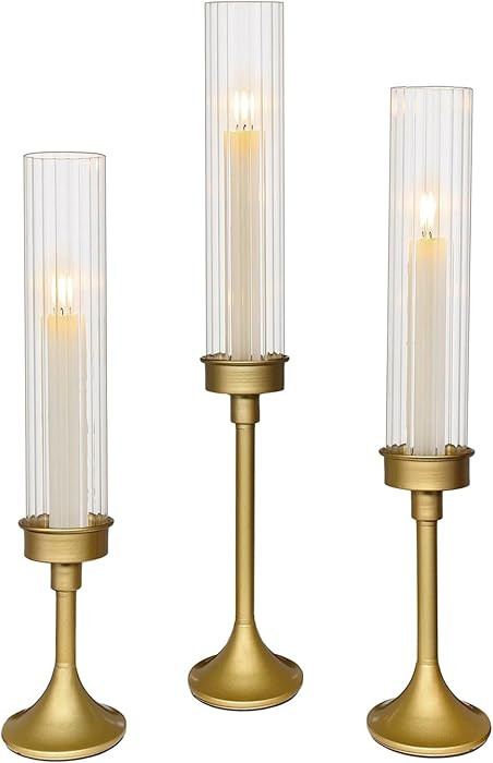 Gold Hurricane Candle Holders - Brass Candlestick Holders Set of 3 Tall Taper Candlesticks Fluted... | Amazon (US)