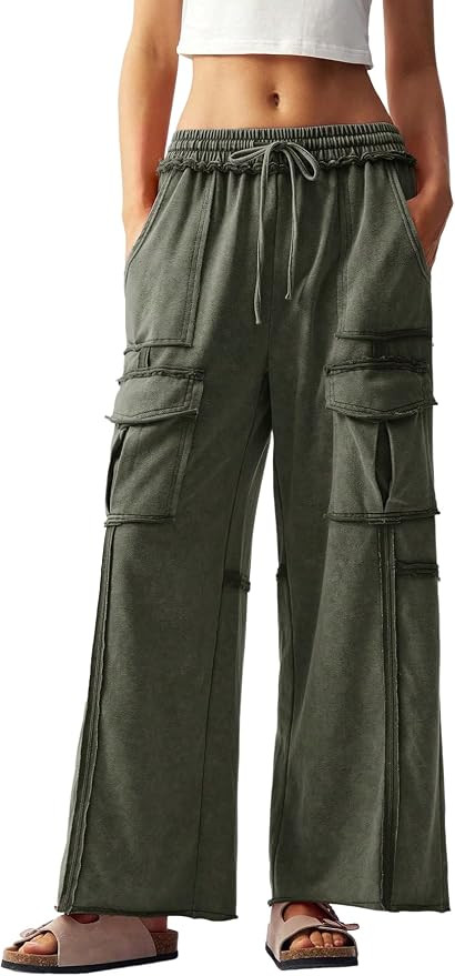 ZAFUL Women's Drawstring Waist Baggy Cargo Pants Y2k Wide Leg Trousers with Pocket Solid Color Pa... | Amazon (US)