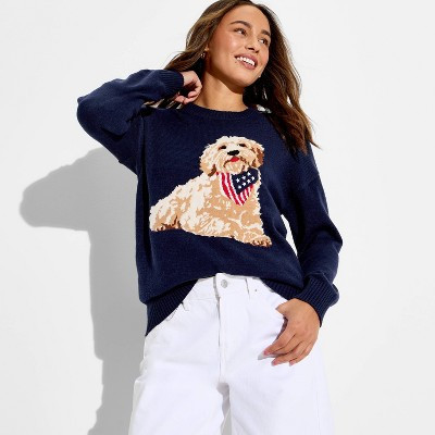 Women's Americana Dog Long Sleeve Graphic Pullover Sweater- Blue XS | Target