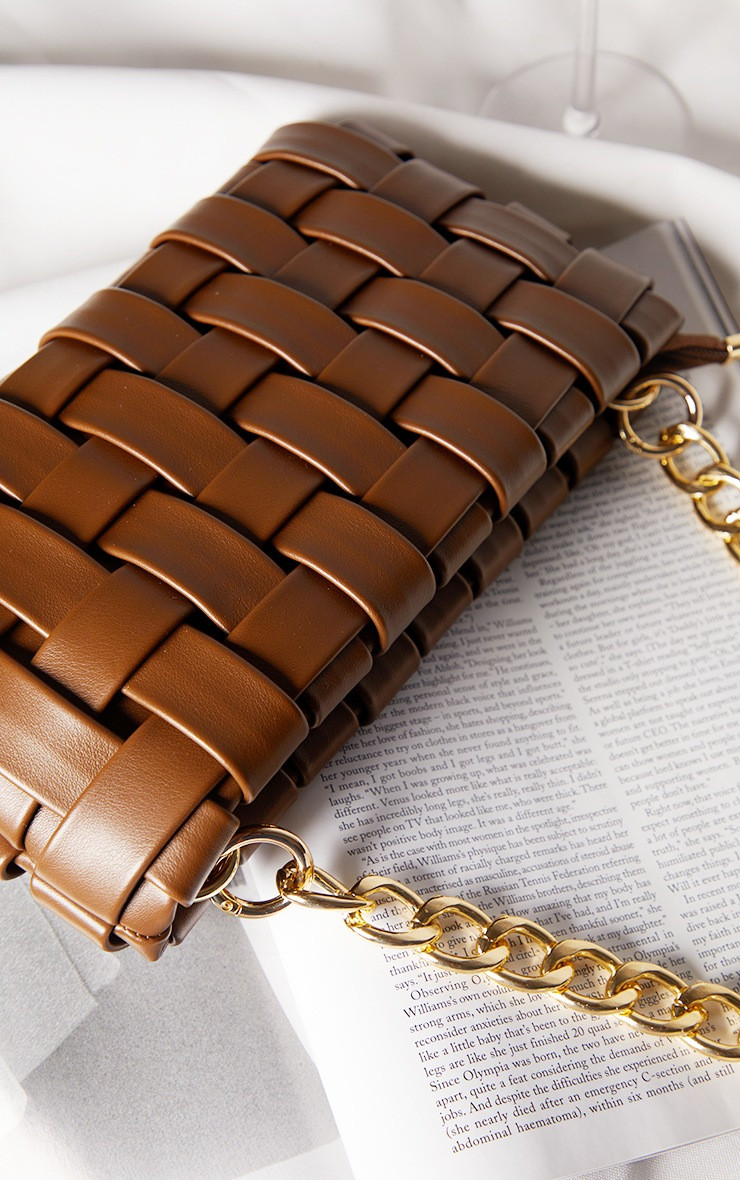 Chocolate Oversized Weave With Gold Chain Shoulder Bag | PrettyLittleThing UK