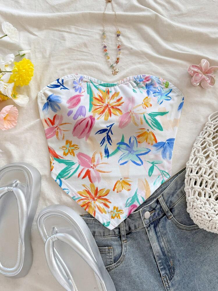 Soleia Women's Holiday Floral Print Bandeau Asymmetric Hem Casual Top | SHEIN