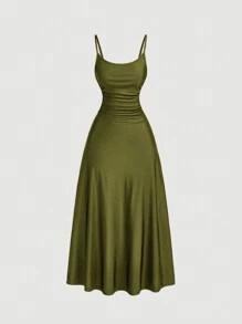 SHEIN MOD Plus Size Women's Solid Color Ruched Waist Flared Hem Spaghetti Strap Dress,Semi Formal... | SHEIN