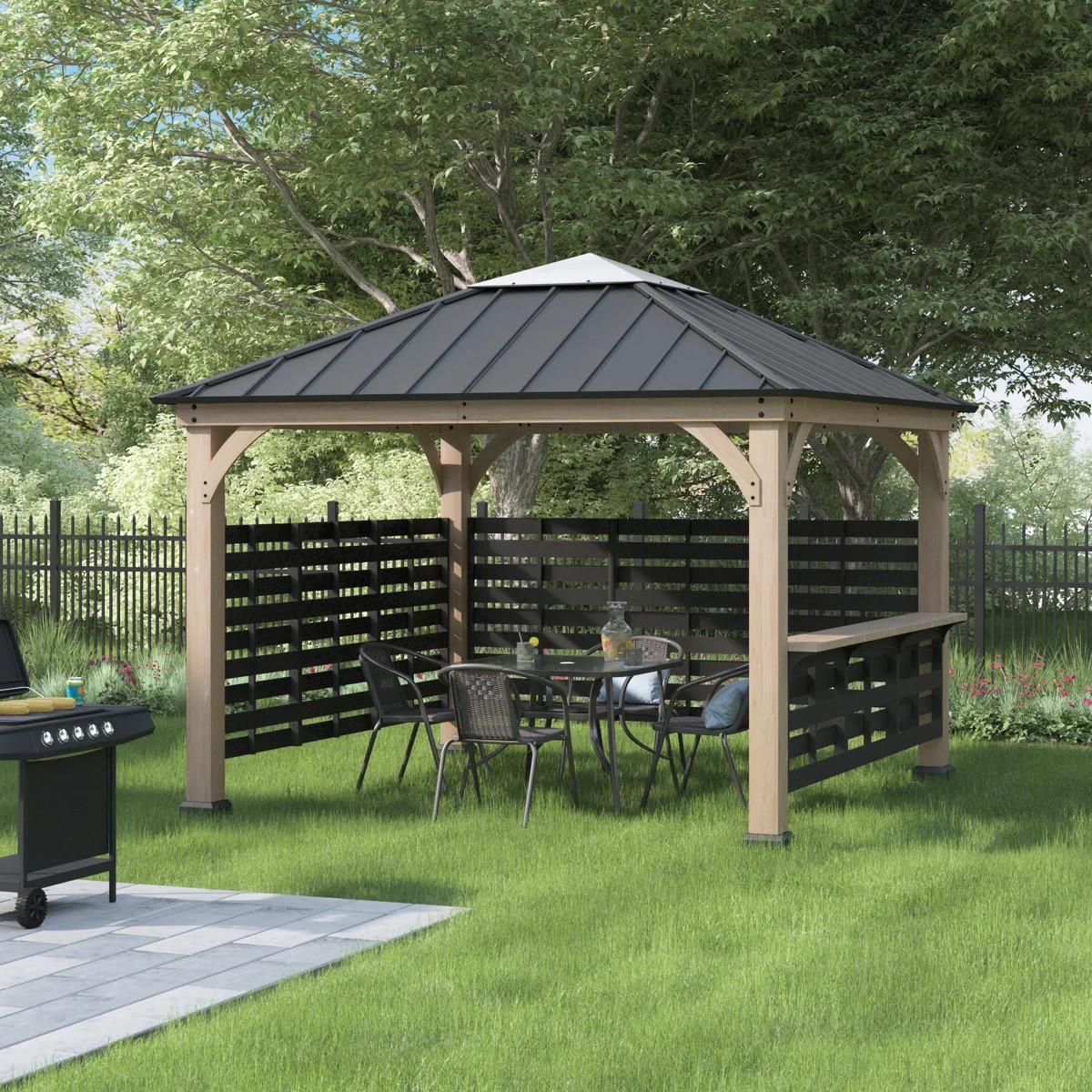 Sunjoy Wood Gazebo 11 x 11 ft. Hardtop Gazebo Cedar Wood Framed Hot Tub Gazebo with Steel and Pol... | Wayfair North America