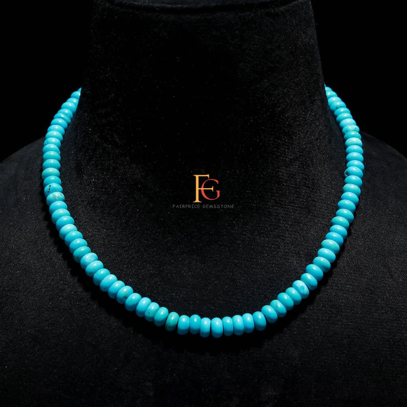 AAA+ Natural Turquoise Gemstone Beaded Necklace, Smooth Rondelle Turquoise Beads Necklace, 925 St... | Etsy (Global)