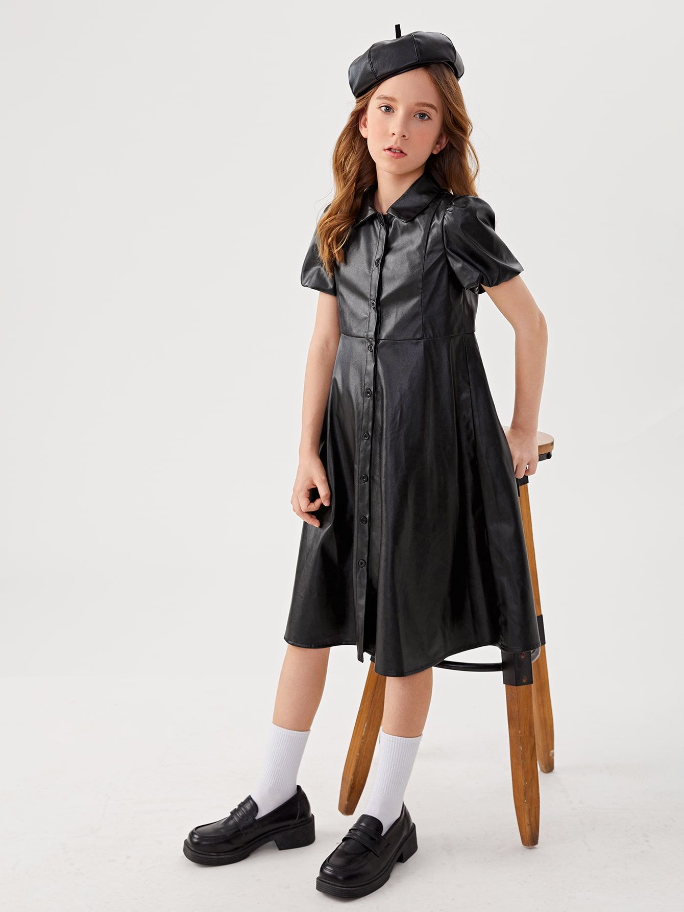 SHEIN Girls Button Through Leather Look Dress | SHEIN