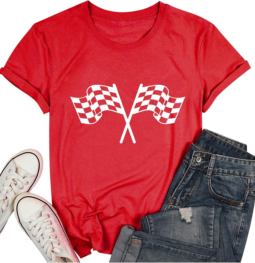 Start Your Engines Shirt for Women Racing Car Checkered Graphic Tees | Amazon (US)