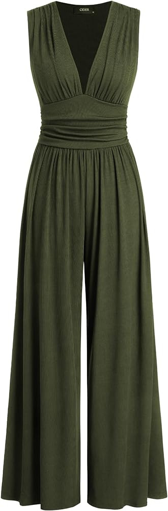 CIDER Women's French Riviera Vacation V-neck Ruched Solid Wide Leg Jumpsuit | Amazon (US)