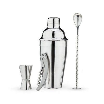 True 4-Piece Barware Set, Cobbler Shaker with Cap and Strainer, Double Jigger, Muddler, Bar Spoon, Corkscrew, Cocktail Kit, Stainless Steel, Silver | Target