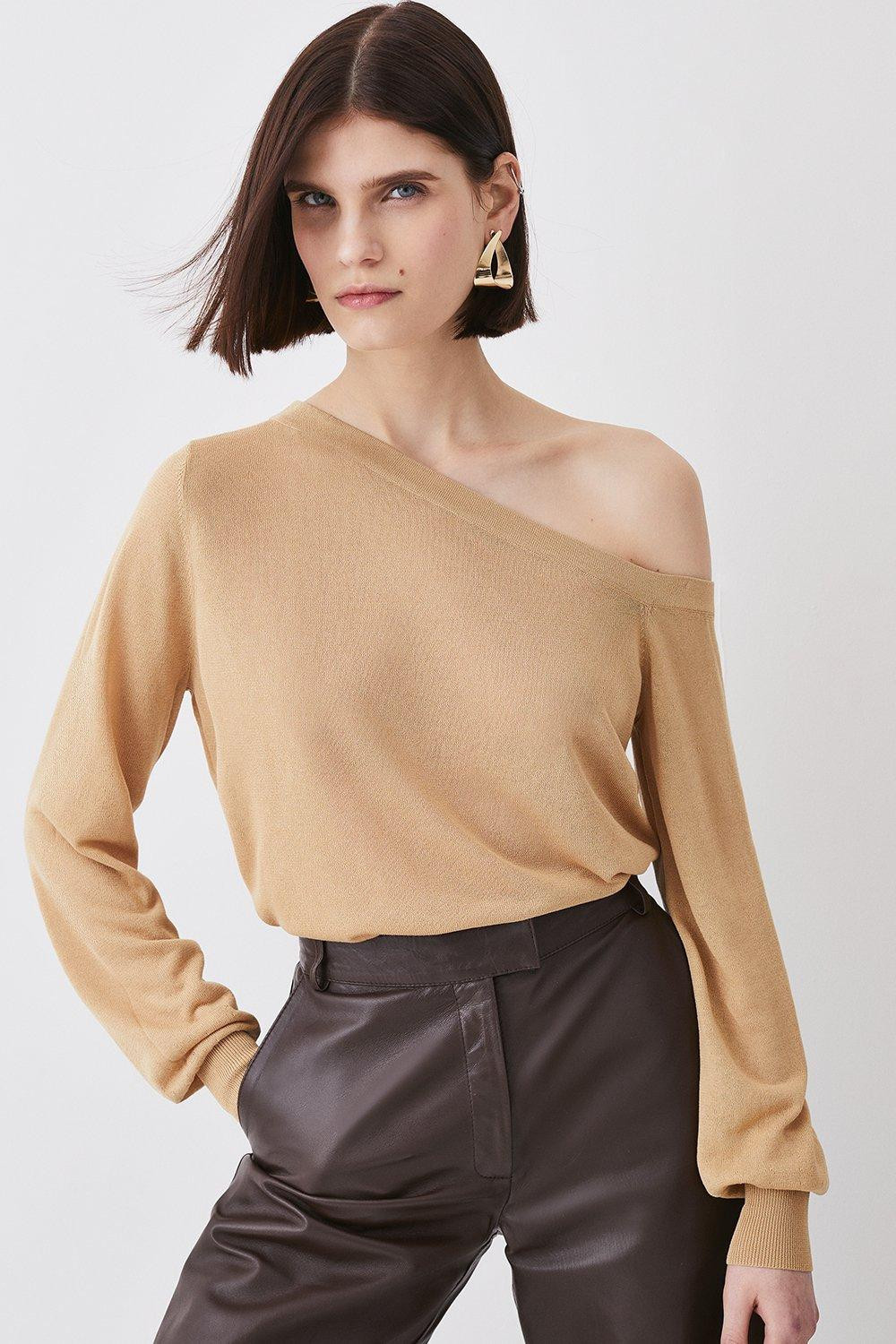 Lightweight Knitted Off The Shoulder Long Sleeve Jumper | Karen Millen UK + IE + DE + NL