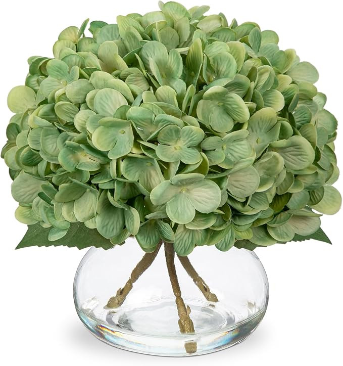 Hollyone Hydrangea Artificial Flowers with Glass Vase Dark Green Silk Faux Flowers Arrangements i... | Amazon (US)