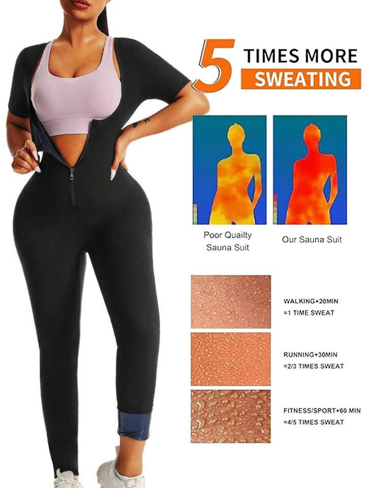 Plus Size Women Spring/Summer New Zipper Short Sleeve Sauna Jumpsuit, Sauna Suit, Yoga Romper, Activewear Jumpsuit, Suitable For Running, Cardio, Yoga, Fitness | SHEIN