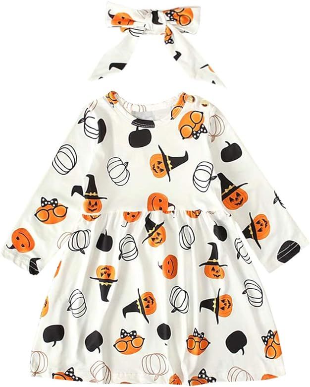 Toddler Kid Baby Girls Halloween Outfits Ruffled Long Sleeve One-Piece Jumpsuit Dress Pumpkin Pri... | Amazon (US)