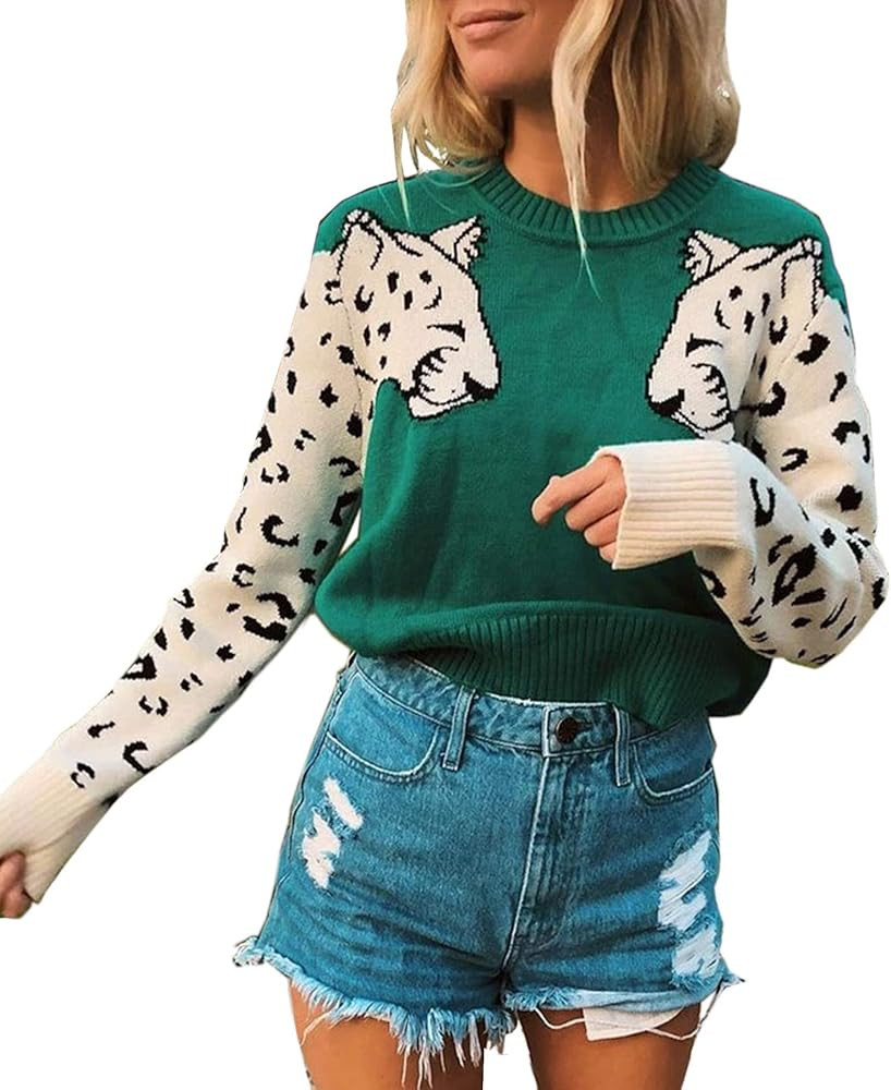 Angashion Women's Sweaters Casual Leopard Printed Patchwork Long Sleeves Knitted Pullover Cropped... | Amazon (US)
