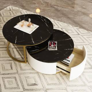 31.5 in. Black Wood Modern Round Nesting End Table Coffee Table with Drawer | The Home Depot
