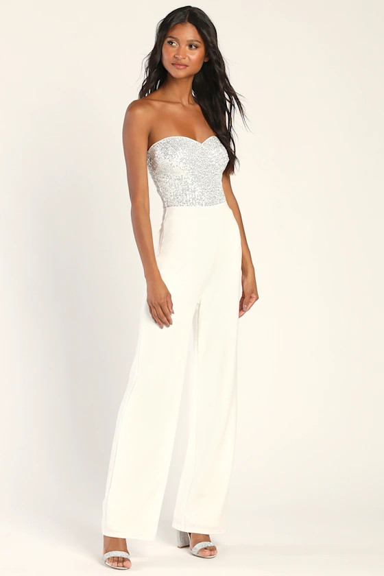 Total Hottie White Sequin Strapless Jumpsuit | Lulus (US)