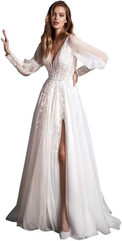 Beach Wedding Dresses for Bride 2024 Sexy V Neck Bridal Dress for Women Lace Appliqued Long Ball ... | Amazon (US)