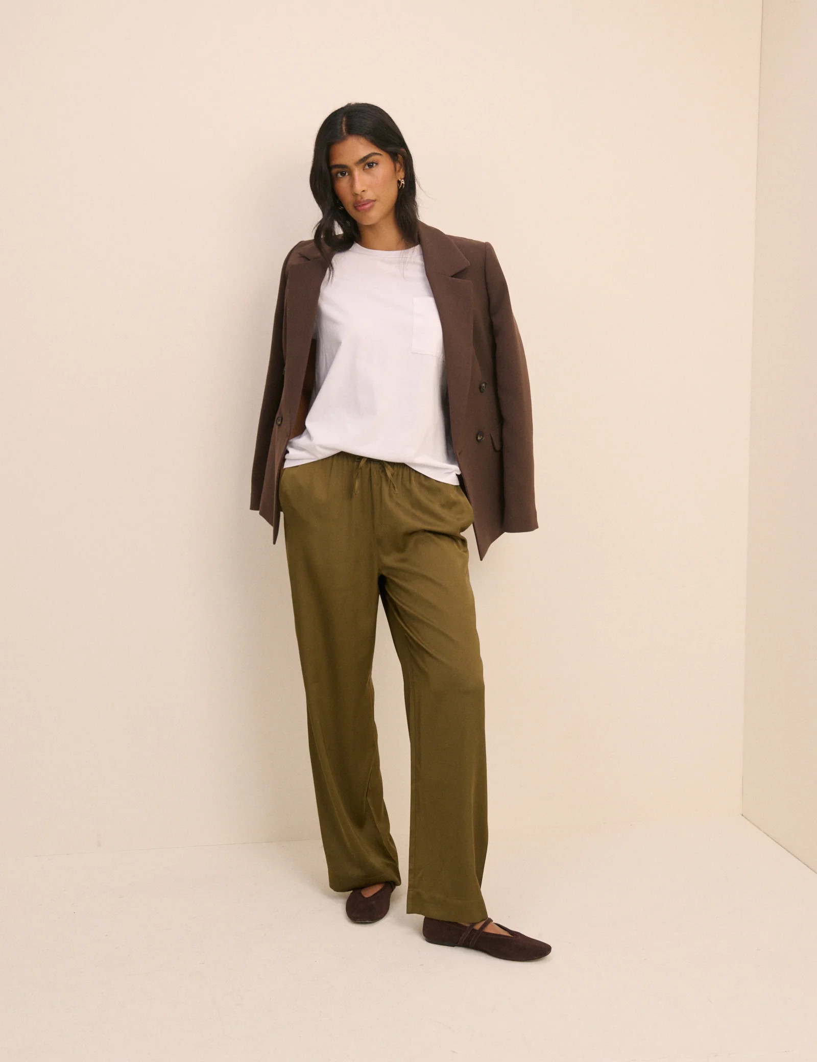 Khaki Satin Wide Leg Lyra Trousers | Nobody's Child