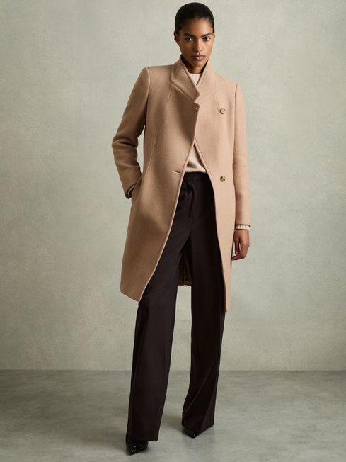 Wool-Blend Longline Double-Breasted Coat in Light Camel | Reiss US