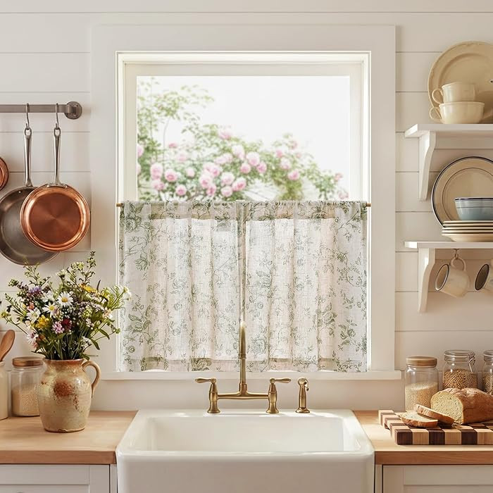 jinchan Floral Linen Kitchen Tier Curtains, 24 Inch, 2 Panels, Green | Amazon (US)