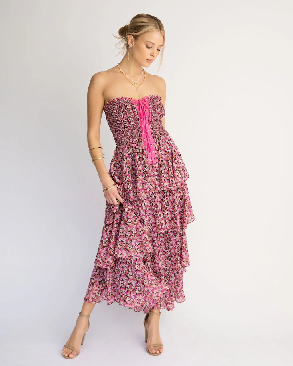 La Vida Strapless Corset Floral Tiered Midi Dress | VICI Collection