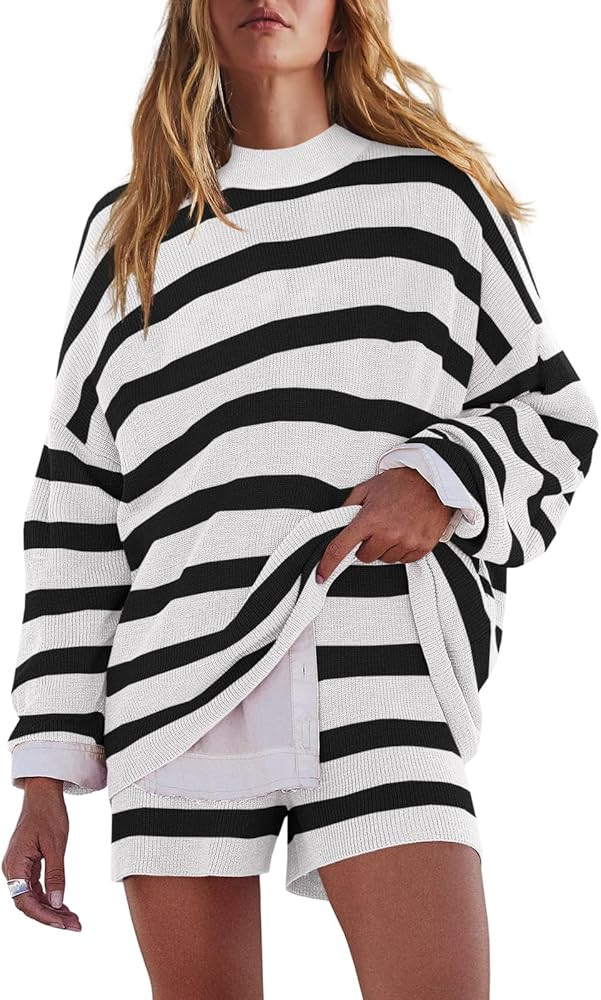 LAMISSCHE Womens Oversized Lounge Sets 2 Piece Outfits Striped Matching Pajama Set Long Sleeve Sw... | Amazon (US)