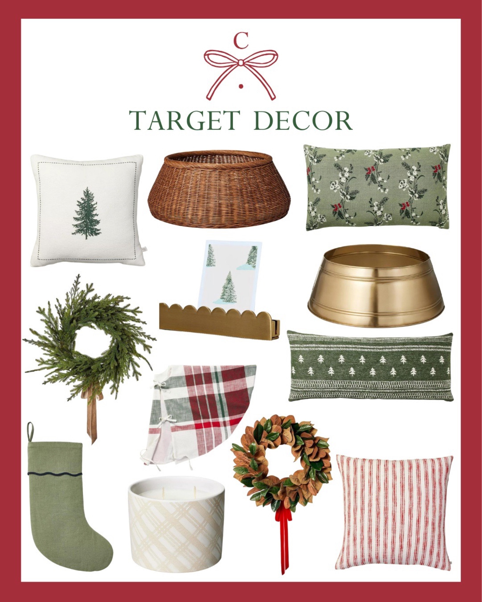 Inexpensive Christmas decor from Target’s Studio McGee and Magnolia Hearth & Hand holiday collections, including pillows, tree collages, wreaths, a holiday card holder, and tree skirt, a stocking, and a candle

#LTKHoliday #LTKfindsunder50 #LTKhome
