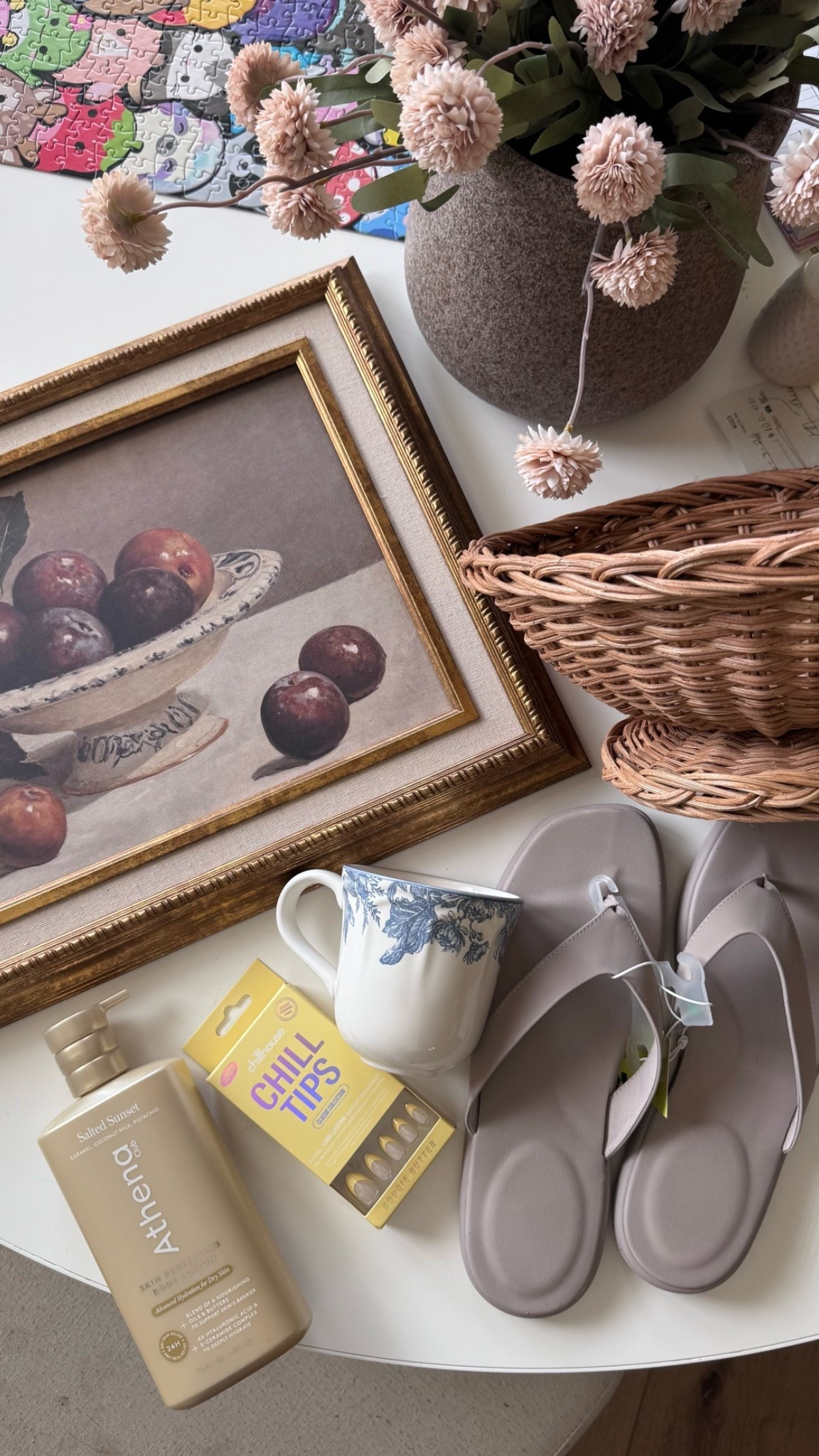 My target haul! New fruit basket and vintage looking fruit painting, beautiful vintage look coffee mugs, new summer flip flops, butter yellow glue on nails and hyaluronic acid body lotion

#LTKselfcare