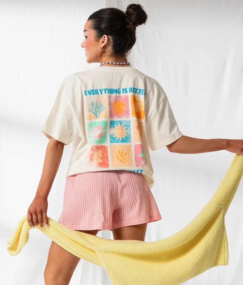 This summer outfit is SO perfect. I’m
Obsessed with the combo from the Buckle. Colorful, casual, pastel everyday outfit for summer. #ootd #oversizedtshirt #casualoutfit #bumpfriendly #boxershorts #summeroutfit #summerfashion #summerstyle 

#LTKU #LTKStyleTip #LTKSummerEdit