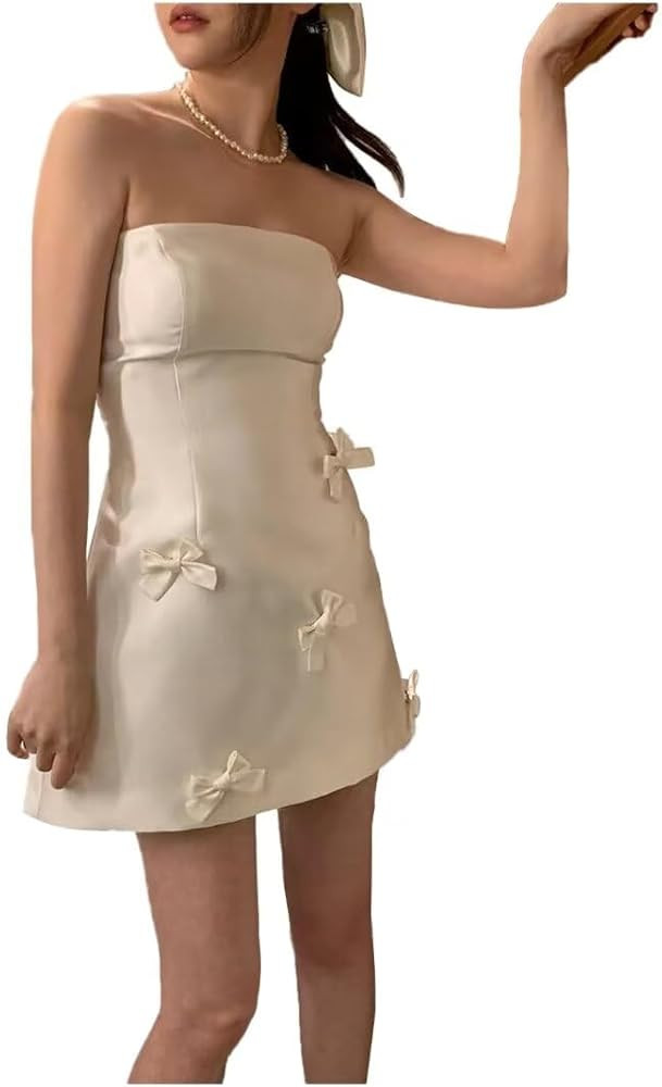 Amazon.com: Strapless Mini Wedding Dress for Bride Satin Short Bridal Shower Dress with Bow Simpl... | Amazon (US)