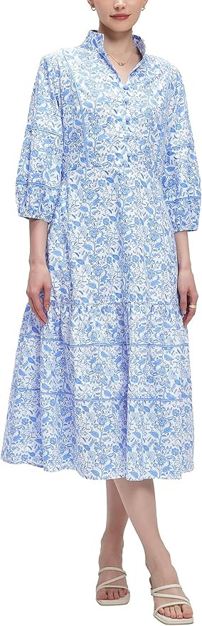 D-Sun Women Floral Maxi Dress Elegant Printed Button Down 3/4 Puff Sleeve Tiered A-Line Flowy Par... | Amazon (US)